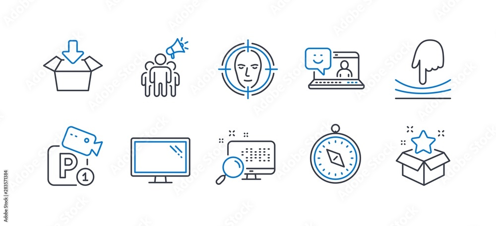 Set of Technology icons, such as Elastic, Travel compass, Monitor, Search, Brand ambassador, Smile, Get box, Face detect, Parking security, Loyalty program line icons. Line elastic icon. Vector Set of Technology icons, such as Elastic, Travel compass, Monitor, Search, Brand ambassador, Smile, Get box, Face detect, Parking security, Loyalty program line icons. Line elastic icon. Vector