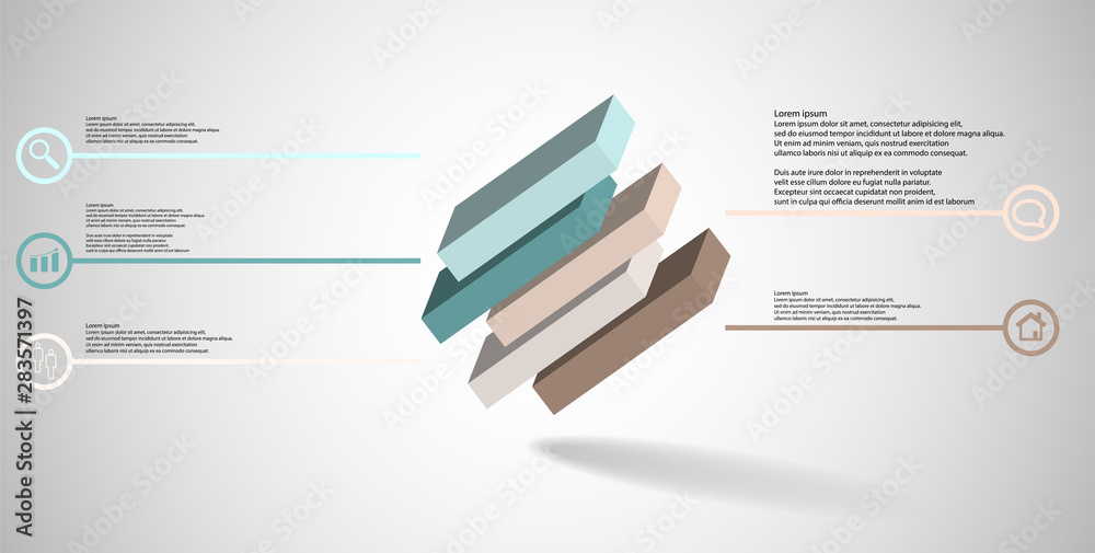 3D illustration infographic template with embossed cube divided to five shifted parts askew arranged 3D illustration infographic template with embossed cube divided to five shifted parts askew arranged