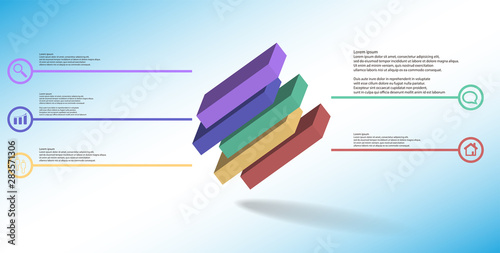 3D illustration infographic template with embossed cube divided to five shifted parts askew arranged