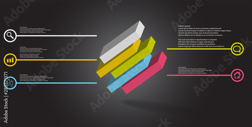 3D illustration infographic template with embossed cube divided to five shifted parts askew arranged