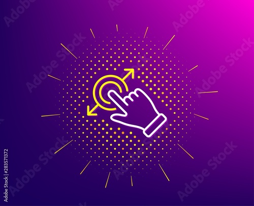 Touchscreen gesture line icon. Halftone pattern. Drag and drop arrow sign. Swipe action symbol. Gradient background. Touchscreen gesture line icon. Yellow halftone pattern. Vector