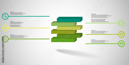 3D illustration infographic template with embossed cube divided to six shifted parts