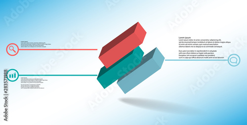 3D illustration infographic template with embossed cube divided to three shifted parts askew arranged