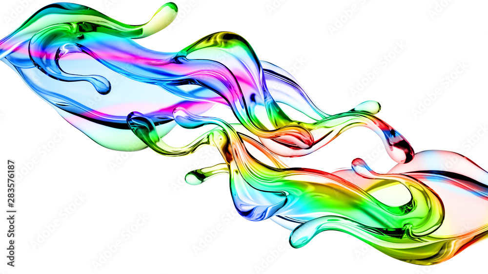 Splash of multi-colored transparent liquid. 3d illustration, 3d rendering. Splash of multi-colored transparent liquid. 3d illustration, 3d rendering.