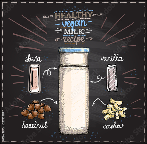 Healthy vegan nut milk recipe on a chalkboard, raw cashew and hazelnut milk menu with ingredients