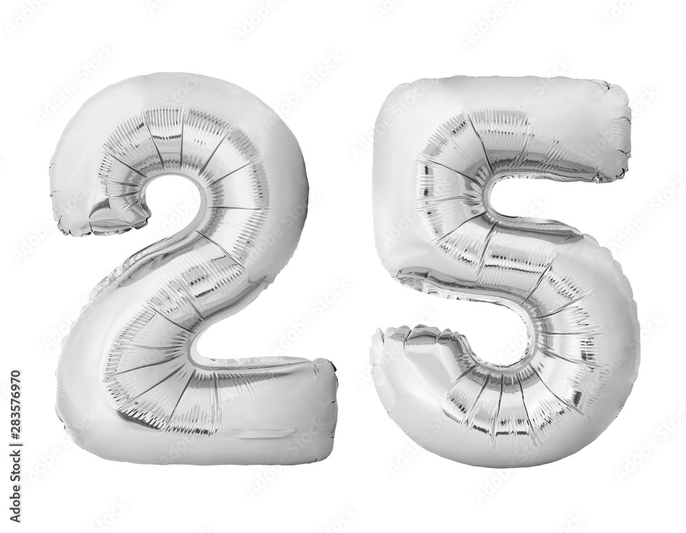 Number 25 twenty five made of silver inflatable balloons isolated on white background. Silver chrome helium balloons forming 25 twenty five number Number 25 twenty five made of silver inflatable balloons isolated on white background. Silver chrome helium balloons forming 25 twenty five number
