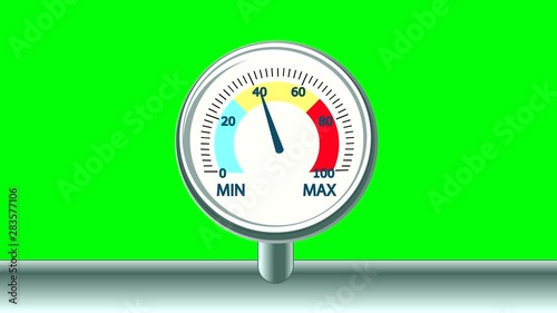 pressure gauge with minimum and maximum and with numbers. the arrow moves, shows different levels. isolated on a green background. animation video.
