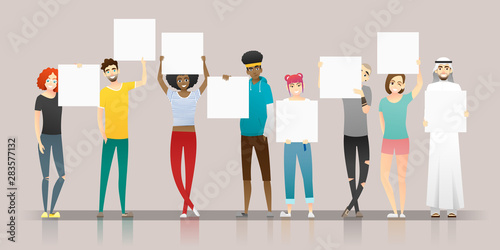 Group of young people holding empty boards , vector , illustration