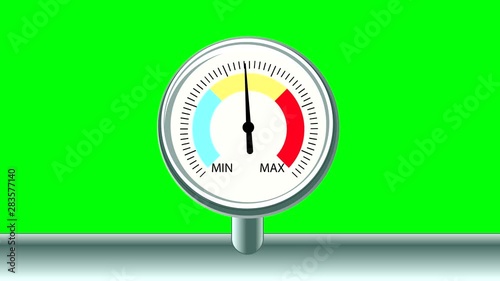 pressure gauge with minimum and maximum. the arrow moves, shows different levels. isolated on a green background. animation video.
