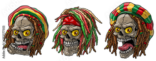 Cartoon detailed realistic colorful scary human jamaican rasta skulls with dreadlocks and cap. Isolated on white background. Vector icon set.