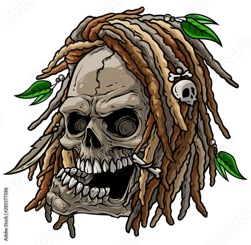 Cartoon detailed realistic colorful scary human jamaican wild skull with dreadlocks and leaf. Isolated on white background. Vector icon.