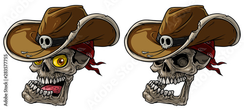 Cartoon detailed realistic colorful scary human cowboy skulls with leather hat and bandana. Isolated on white background. Vector icon set.