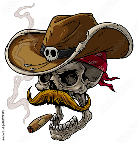 Cartoon detailed realistic colorful scary human cowboy skull with leather hat, bandana, mustache and cigar. Isolated on white background. Vector icon. photo