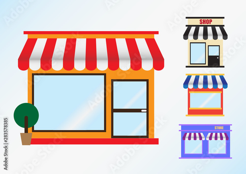 Flat icon set of store  front window with awning