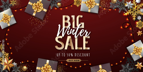 Christmas poster with golden Christmas snowflakes and presents. Winter big sale poster