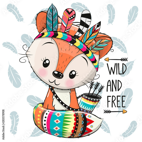 Cartoon Fox with feathers on a feathers background