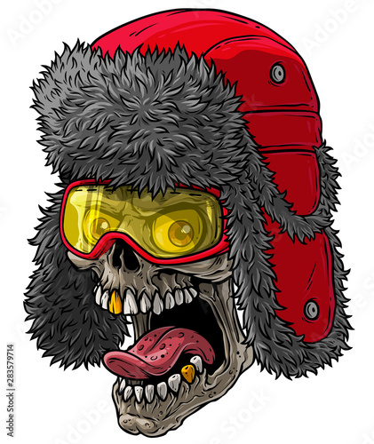 Cartoon detailed realistic colorful scary human skull in red winter fur hat with ear flaps, glasses and golden teeth. Isolated on white background. Vector icon.
