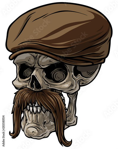 Cartoon detailed realistic colorful scary human skull in peaked cap with mustache. Isolated on white background. Vector icon.