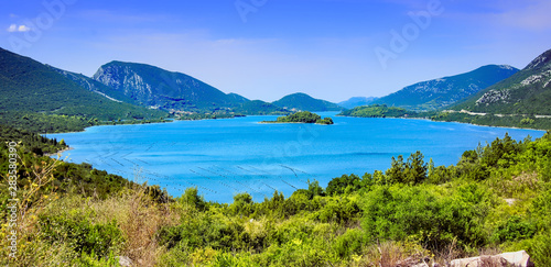 Panoramic view of the blue waters along the Pelješac peninsula near Mali Ston, Croatia