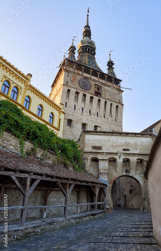 Clock tower or tower of the Town Hall and medieval architecture, at the entrance to the citadel of the historic center of the city of Sighisoara, in Romania, a UNESCO World Heritage Site © Helena GARCIA