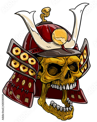 Cartoon detailed realistic colorful scary human golden skull in japanese samurai helmet. Isolated on white background. Vector icon.