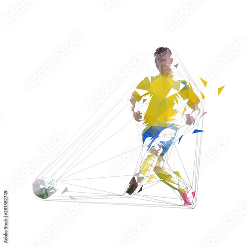 Soccer player kicking ball and scoring goal, abstract low polygonal geometric vector illustration. Isolated footballer in yellow jersey