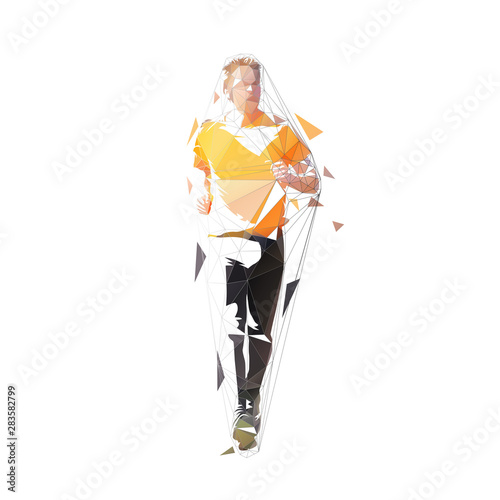 Runner, front view isolated polygonal vector illustration, abstract geometric drawing of marathon runner in orange shirt