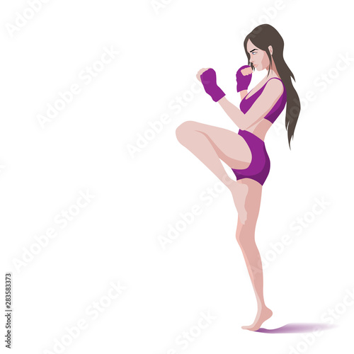 Girl boxer wins the sport. Young strong confident woman. Power. Cartoon character vector illustration.