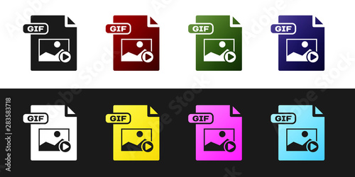 Set GIF file document. Download gif button icon isolated on black and white background. GIF file symbol. Vector Illustration