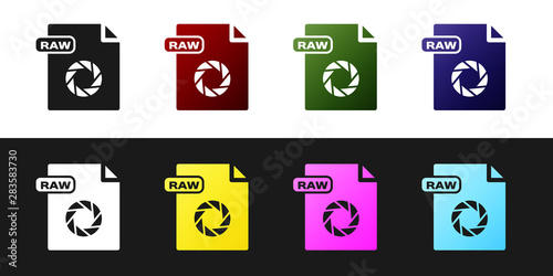 Set RAW file document. Download raw button icon isolated on black and white background. RAW file symbol. Vector Illustration