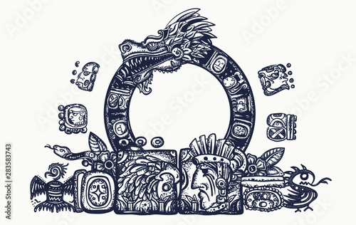 Ancient Maya Civilization.  Kukulkan. Feathered Serpent and glyphs. Quetzalcoatl. Mesoamerican mexico mythology. Tattoo and t-shirt design. Chichen Itza statues photo