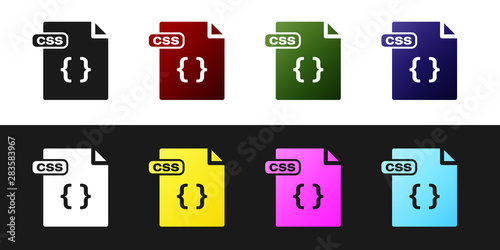 Set CSS file document. Download css button icon isolated on black and white background. CSS file symbol. Vector Illustration
