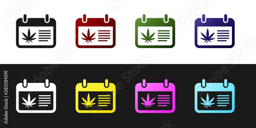 Set Calendar and marijuana or cannabis leaf icon isolated on black and white background. National weed day. Hemp symbol. Vector Illustration
