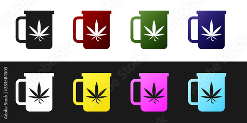 Set Cup tea with marijuana or cannabis leaf icon isolated on black and white background. Marijuana legalization. Hemp symbol. Vector Illustration