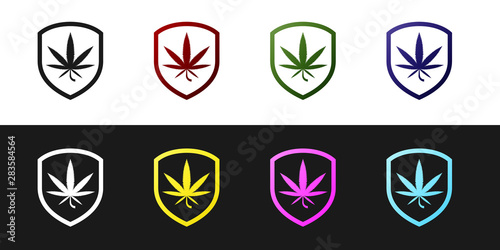 Set Shield and marijuana or cannabis leaf icon isolated on black and white background. Marijuana legalization. Hemp symbol. Vector Illustration