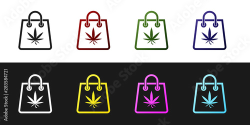 Set Shopping paper bag of medical marijuana or cannabis leaf icon isolated on black and white background. Buying cannabis. Hemp symbol. Vector Illustration