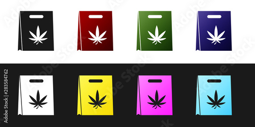 Set Shopping paper bag of medical marijuana or cannabis leaf icon isolated on black and white background. Buying cannabis. Hemp symbol. Vector Illustration