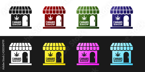 Set Marijuana and cannabis store icon isolated on black and white background. Equipment and accessories for smoking, storing medical cannabis. Vector Illustration