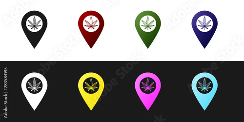 Set Map pointer and marijuana or cannabis leaf icon isolated on black and white background. Hemp symbol. Vector Illustration