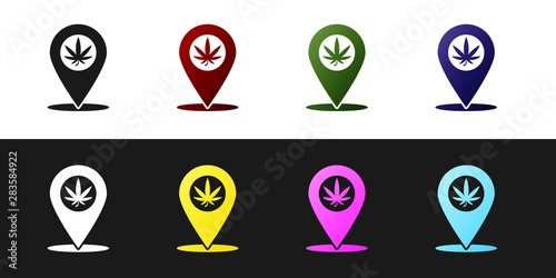 Set Map pointer and marijuana or cannabis leaf icon isolated on black and white background. Hemp symbol. Vector Illustration