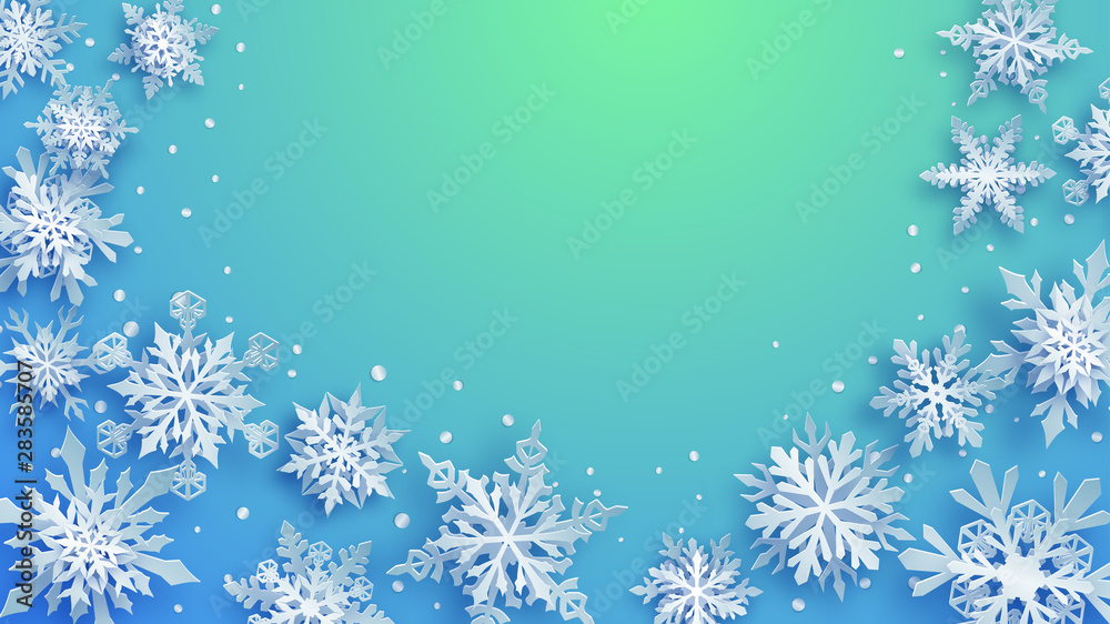 Christmas illustration of white complex paper snowflakes with soft shadows on light blue and turquoise background Christmas illustration of white complex paper snowflakes with soft shadows on light blue and turquoise background