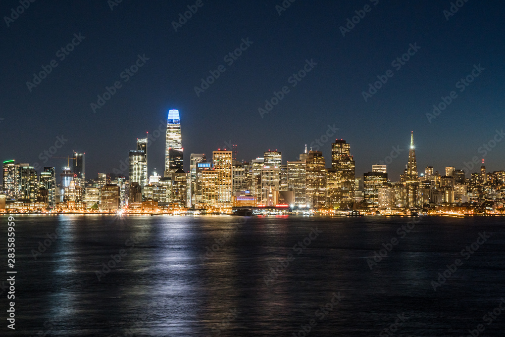 Panoramic beautiful scenic view of the San Francisco city and Financial City skyscraper buildings in the evening, California, USA