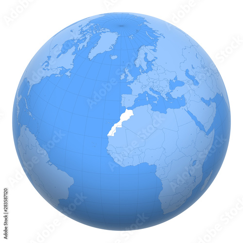 Morocco on the globe. Earth centered at the location of the Kingdom of Morocco. Map of Morocco. Includes layer with capital cities.