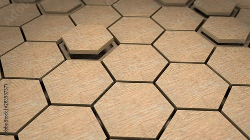 3D illustration of many wooden hexagons, honeycombs are located in different positions. Background abstract image for the desktop, geometric composition of wooden products. 3D rendering