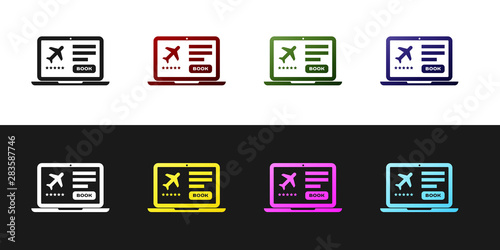 Set Laptop with electronic boarding pass airline ticket icon isolated on black and white background. Passenger plane mobile ticket for web and app. Vector Illustration