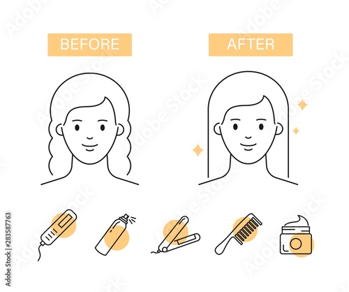 Before and after: Hair straightening vector illustration outline style