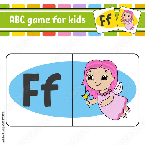 ABC flash cards. Alphabet for kids. Learning letters. Education developing worksheet. Activity page for study English. Game for children. Funny character. Isolated vector illustration. Cartoon style.