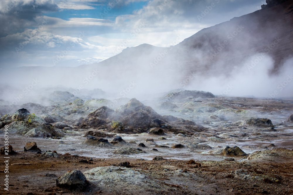 Steam escaping at Hverir Geysers in Iceland