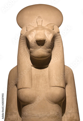 Statue of goddess Bastet, Bast or Sakhmet with lioness head and solar disk photo