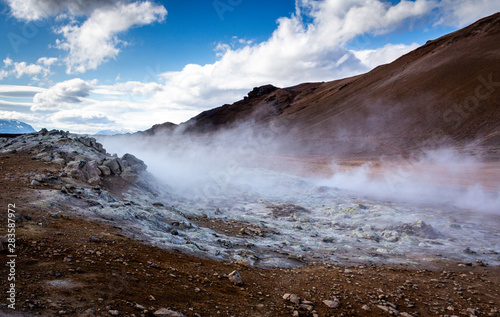 Steam escaping at Hverir Geysers in Iceland